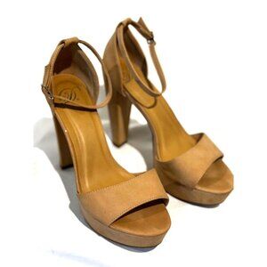 Women’s sz 8.5 Cone Chunky beige heels career open Toe Ankle Strap  cowgirl chic